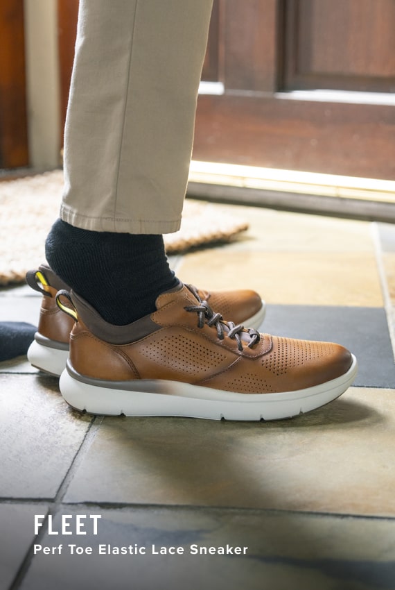Men's Casual Shoes category. Image features the Fleet perf sneaker in cognac.