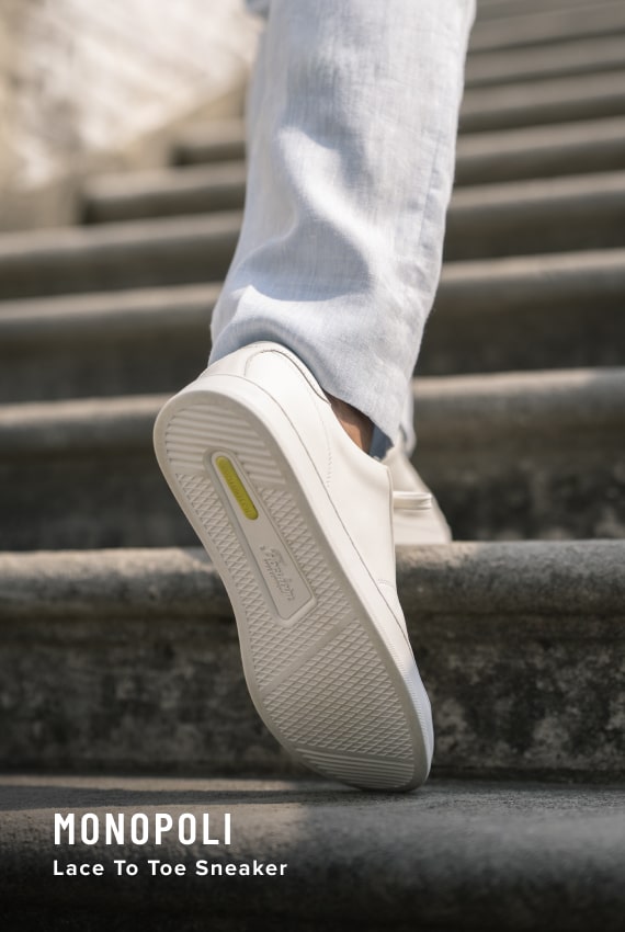 Florsheim Comfortech category. Image features the Monopoli sneaker in white.