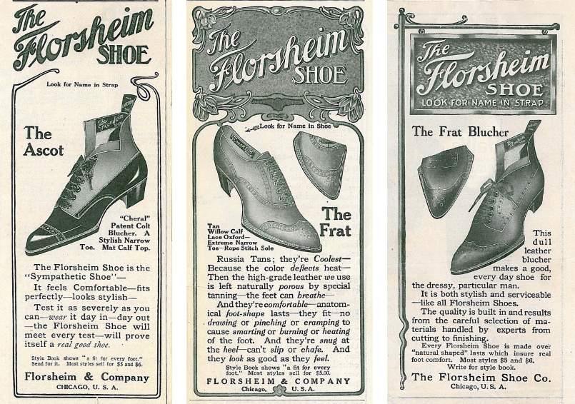 The image is three newspaper advertisiments for Florsheim shoes from 1896.