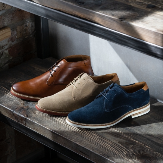 "Casual Shoes And Boots For Every Season." The featured products are the Highland Plain Toe Chukka Boot in Cognac, Highland Plain Toe Oxford in Dirty Buck, and Highland Plain Toe Oxford in Navy Suede.