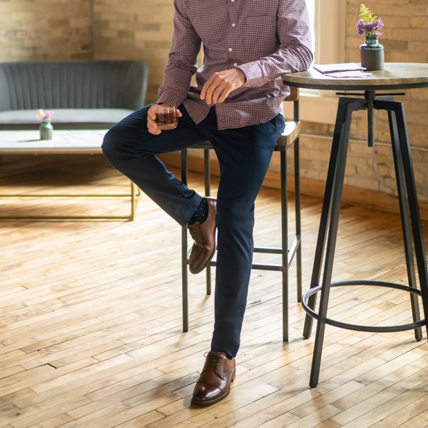 "Perfect The Art Of Matching Men's Clothes With Our Men's Fashion Guide." The featured image is a model wearing a button-down dress shirt, dress pants, and dress shoes.