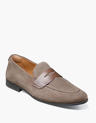 Modena Moc Toe Penny Loafer in Gray Suede for $140.00 dollars.