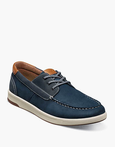 Crossover Elastic Lace Moc Toe Boat Shoe in Navy Nubuck for $110.00 dollars.