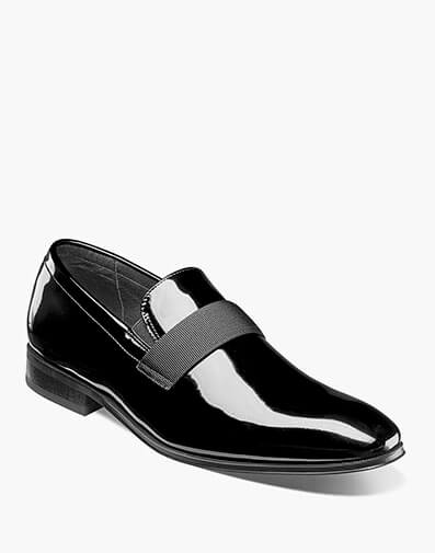 Tux Plain Toe Strap Slip On in Black Patent for $140.00 dollars.